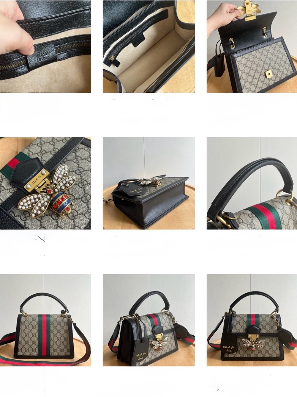 Gucci Beige GG Supreme with Black Trim and Green-Red Web Top Handle Satchel